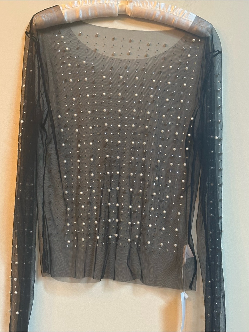 NWT Black Sheer Pearl & Rhinestone Embellished Top  – Glam Rock / Evening 2xl